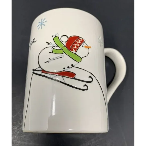 TAG SKIING SNOWMAN HOPE MUG 16 oz Embossed Winter Holiday Xmas Green Interior - Picture 7 of 8